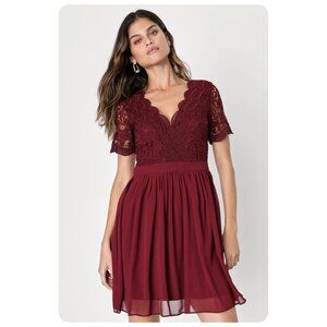 Lulus Angel In Disguise Burgundy Lace Short Sleeve Skater Dress sz S